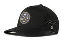 The Haka Hat Las Vegas Hockey Performance 5-Panel Hat | LV X Flexfit Snapback is a black hat featuring a gold and white crossed hockey sticks logo with the letters L and V. Designed for comfort, it offers small perforated holes on the sides for breathability, along with a Flexfit sweatband. Water repellent for added durability, this Haka Hat also features a subtle H logo on the left side.