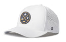Introducing the Haka Hat Las Vegas Hockey Performance 5-Panel Hat | LV X Flexfit Snapback by Haka Hat. This white snapback features a round front logo with two crossed hockey sticks, a star, and the letters L and V—making it the perfect Las Vegas Hockey hat. Designed for comfort and performance, it includes small side ventilation holes, an embroidered H logo, and a Flexfit sweatband for all-day wear.