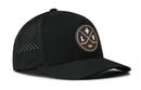 Introducing the Haka Hat Las Vegas Hockey Performance 5-Panel Hat | LV X Flexfit Snapback. This black Haka Hat features a front round patch displaying two crossed hockey sticks, a star, and the letters “L” and “V.” Designed for comfort, it includes perforated ventilation holes on the sides and a Flexfit sweatband.