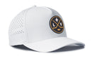 Introducing the Haka Hat Las Vegas Hockey Performance 5-Panel Hat | LV X Flexfit Snapback by Haka Hat: This white hat features side ventilation holes and a circular front logo with two crossed hockey sticks, “LV” letters, and a star on top. Crafted for comfort with a Flexfit sweatband and water-repellent fabric, it’s the ideal choice for fans seeking both style and functionality.