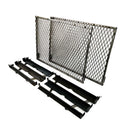 Two rectangular metal grill grates with a diamond mesh pattern and two matching slide-out rack support rails for a Green Mountain Grills Ledge / Daniel Boone | Pimp My Grill® Gen2 Slide-Out Rack System - 2 Racks.