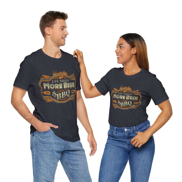 Life Needs More Beer and BBQ T-Shirt with soft cotton fabric and bold backyard BBQ message
