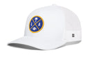 The Haka Hat Los Angeles Trucker Hat is a white mesh snapback featuring a blue and yellow circular patch with a palm tree, football, and the letters L and A. It also has a small black and white Haka Hat logo tag on the side.