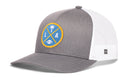 Introducing the Haka Hat Los Angeles Trucker Hat—a black LA X Football Snapback by Haka Hat. This hat features a classic mesh back and a front round blue patch with yellow borders, showcasing a palm tree, football, and white “L” and “A” letters—perfect for fans of LA X football style.