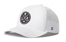 Introducing the Haka Hat Los Angeles Hockey Performance 5-Panel Hat, a white LA X Flexfit Snapback by Haka Hat. It features a black circular logo displaying crossed hockey sticks, a palm tree, and the letters L and A. For added breathability, this Los Angeles Hockey hat also includes small perforations on the side panel.