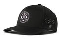 Introducing the Haka Hat Los Angeles Hockey Performance 5-Panel Hat | LA X Flexfit Snapback—a black hat by Haka Hat, featuring a round LA logo with crossed hockey sticks and a palm tree. Designed for both style and comfort, this performance 5-panel snapback includes small ventilation holes on the sides and an H logo on the front left.
