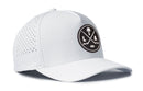 The Haka Hat Los Angeles Hockey Performance 5-Panel Hat by Haka Hat is a white LA X Flexfit Snapback featuring a round black and white logo with two crossed hockey sticks, a palm tree, and the letters L and A. Designed with perforated side panels for breathability and a curved brim for classic style.