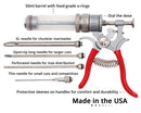 The SpitJack MAGNUM Meat Injector Kit includes a 50ml barrel, four versatile needles, spring-loaded handles with protective sleeves, labeled features, and a deluxe case—ideal for BBQ competitors and marinade enthusiasts. Made in the USA.