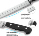 Close-up of the SpitJack Deluxe Brisket Slicing Knife—part of the Competition-Chef Series—showcasing its sharp 11-inch stainless steel blade with grooves and a black handle secured by three rivets. Text highlights the knife’s razor-sharp edge and sturdy, ergonomic POM+3 rivet handle, making it an ideal choice from SpitJack for precise meat carving at BBQ competitions.