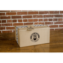 DDR BBQ Supply Manly Cans protein snack gift box with branded tape and tag on a rustic wooden table