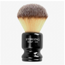 DDR BBQ Supply shaving brush with soft synthetic bristles and a black resin handle featuring Stirling Soap Co branding