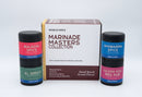 A World Spice Marinade Masters Collection box sits surrounded by four spice jars labeled Bulgogi Spice, Shawarma Spice, El Greco, and Yucatan Rojo BBQ Rub from World Spice. This collection features small-batch, handcrafted blends designed for both marinades and versatile spice rubs.