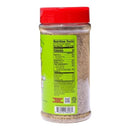 A plastic seasoning container with a red lid is shown from the side, displaying a yellow nutrition facts label and a barcode on the clear container filled with Meat Church Garlic & Jalapeño Blanco BBQ Rub, a tan spice blend from Meat Church that adds bold flavor to any dish.