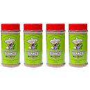 Four bottles of Meat Church Garlic & Jalapeño Blanco BBQ Rub with red lids are lined up in a row. Their green labels display a cartoon character wearing a hat and holding both a jalapeño and garlic, showcasing this all-purpose seasoning from Meat Church as the perfect addition to any grilling collection.