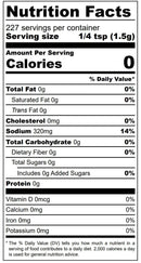 The Meat Church Garlic & Jalapeño Blanco BBQ Rub by Meat Church features a black and white nutrition facts label that displays zero calories and 14% daily value of sodium per 1/4 tsp serving, with no fat, cholesterol, carbohydrates, protein, or vitamins. Each container contains 227 servings. Ideal as an all-purpose BBQ rub or for adding bold garlic and jalapeño flavor to your dishes as part of the Meat Church rub collection.