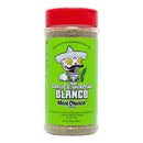 A green-labeled bottle with a red cap contains Meat Church Garlic & Jalapeño Blanco BBQ Rub. The label features a cartoon skeleton in a sombrero, along with the text "Garlic & Jalapeño Blanco Meat Church BBQ." This all-purpose BBQ rub from Meat Church offers bold garlic and jalapeño flavor, making it perfect for enhancing any dish.