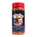 A 12 oz container from DDR BBQ Supply's Top 10 Store-Bought BBQ Brisket Rubs Variety Pack features a vibrant design with a red lid and dark blue label detailing the product information and usage instructions. Perfect as a brisket seasoning, this flavorful blend stands out among BBQ brisket rubs and beef rubs alike.