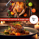 Roasted turkey and steak with garnishes on a wooden table, featuring text 'Enhanced flavor in every bite' and a grill icon.