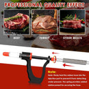 Meat injector with images of beef, turkey, and other meats above it. Marinade injector syringe with 3 flow settings and 4 precision needles from DDR BBQ Supply