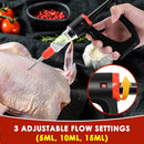 Person using a marinade injector on a raw chicken with ingredients in the background, highlighting adjustable flow settings. Marinade injector syringe with 3 flow settings and 4 precision needles from DDR BBQ Supply