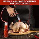 Person using a marinade injector on a chicken with text 'Perfect Marinade Control for Juicy Meals' at the top. Marinade injector syringe with 3 flow settings and 4 precision needles from DDR BBQ Supply