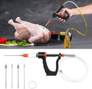 Chicken being injected with a marinade using a handheld injector, with additional injectors and needles displayed below. Marinade injector syringe with 3 flow settings and 4 precision needles from DDR BBQ Supply