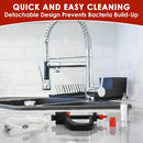 Kitchen sink with cleaning tools and text about quick and easy cleaning Marinade injector syringe with 3 flow settings and 4 precision needles from DDR BBQ Supply