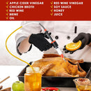 Person preparing a turkey with various ingredients listed on a red background Marinade injector syringe with 3 flow settings and 4 precision needles from DDR BBQ Supply