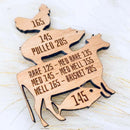 The Faire Meat Temps Fish/Steer/Pit/Chicken Wood Magnet displays internal cooking temps and doneness levels for meats, with etched numbers and words on each animal-shaped cutout.
