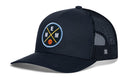 Introducing the Haka Hat Memphis Trucker Hat | MEM X Basketball Snapback by Haka Hat. This black mesh trucker hat features a round embroidered MEM X patch with yellow crossed lines, E and M lettering, and an orange basketball at its center. The side showcases a small white H logo, making it the ideal basketball snapback for any fan.