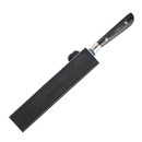 A black kitchen knife is partially inserted into a Messermeister Black Magnetic Leather Edge-Guard (10.5"), with the brand name embossed, shown on a white background.