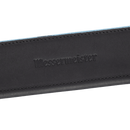 A close-up view of the Messermeister Black Magnetic Leather Edge-Guard - 10.5", featuring "Messermeister" embossed at the center.