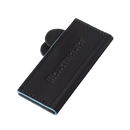 A black leather Messermeister Magnetic Edge-Guard (4") with visible stitching and rounded flap, reminiscent of a paring knife protector, features the brand name embossed on front and is shown against a white background.