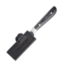 A Messermeister Black Magnetic Leather Edge-Guard, 4", covers a kitchen knife with a black handle. The sheath has "Messermeister" embossed on it and is shown against a plain white background.