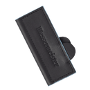 A Messermeister Black Magnetic Leather Edge-Guard - 4" is shown from above on a white background, with light blue stitching and a black circular item partially visible inside the paring knife protector.
