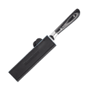 A stainless steel kitchen knife with a black and gray handle, partially covered by a Messermeister Black Magnetic Leather Edge-Guard - 6.5" for safe storage.