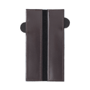 Seen from above against a light background, the Messermeister Black Magnetic Leather Edge-Guard – 6.5" features a rectangular brown leather case with two stitched panels and black tabs on each side.