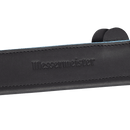 Close-up of the Messermeister Black Magnetic Leather Edge-Guard - 6.5" with "Messermeister" embossed, visible stitching, and part of the sheath’s edge shown against a white background, highlighting its stylish quality.