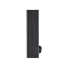 The Messermeister Black Magnetic Leather Edge-Guard - 8.5", featuring subtle stitching and embossed branding, is displayed vertically against a plain white background.