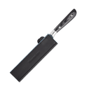 A kitchen knife with a black handle is partially inserted into the Messermeister Black Magnetic Leather Edge-Guard - 8.5", featuring stitched edges and embossed branding, shown against a white background.