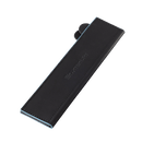 The Messermeister Black Magnetic Leather Edge-Guard - 8.5" features a black rectangular leather design with light blue stitching, flap closure, subtle embossed branding, and is shown at an angle on a white background.