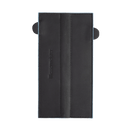 The Messermeister Black Magnetic Leather Edge-Guard - 8.5" is a black, rectangular knife guard with visible stitching, a vertical embossed Messermeister logo, and two side flaps, shown open and flat on a white background.