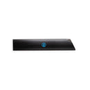 The Messermeister Edge-Guard Set - 7 Piece by Messermeister features sleek, rectangular black knife guards with glossy finishes and a blue circular logo in the center, displayed on a white background.