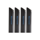 The Messermeister Steak Knife Edge-Guard Set - 4 Piece includes four black guards with slanted tops, arranged vertically. Each guard displays "Messermeister" in blue, providing essential protection and blade care.