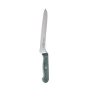 The Messermeister Custom Blue Scalloped Offset Knife - 8", featuring a silver scalloped blade and a blue wooden handle with three rivets, is displayed on a plain white background.