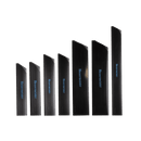 Seven black rectangular knife edge guards from the Messermeister Edge-Guard Set by Messermeister, each labeled in blue, are arranged from smallest to largest on a white background for organized knife storage.