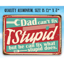 The Lone Star Art "Dad Can't Fix Stupid - Metal Sign" (12 x 8 in) features wrench and screwdriver images, perfect for dad's garage or as a unique gift. It reads, "Dad can't fix stupid but he can fix what stupid does.
