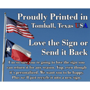 Two flags, the American and Texas state flags, wave on poles against a blue sky. Overlaid text promotes the Deer and Beer - Metal Sign by Lone Star Art—proudly printed in Tomball, Texas, with a satisfaction guarantee.