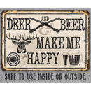 The Deer and Beer - Metal Sign by Lone Star Art features a vintage design with crossed rifles, a deer head, and beer mugs. Ideal for cabin decor or a man cave, it’s suitable for indoor or outdoor use.