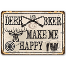 The Deer and Beer - Metal Sign by Lone Star Art features crossed rifles, a deer head, target, and beer mugs with the phrase "Deer and Beer Make Me Happy." Worn edges make it ideal for cabin decor or a unique man cave sign.